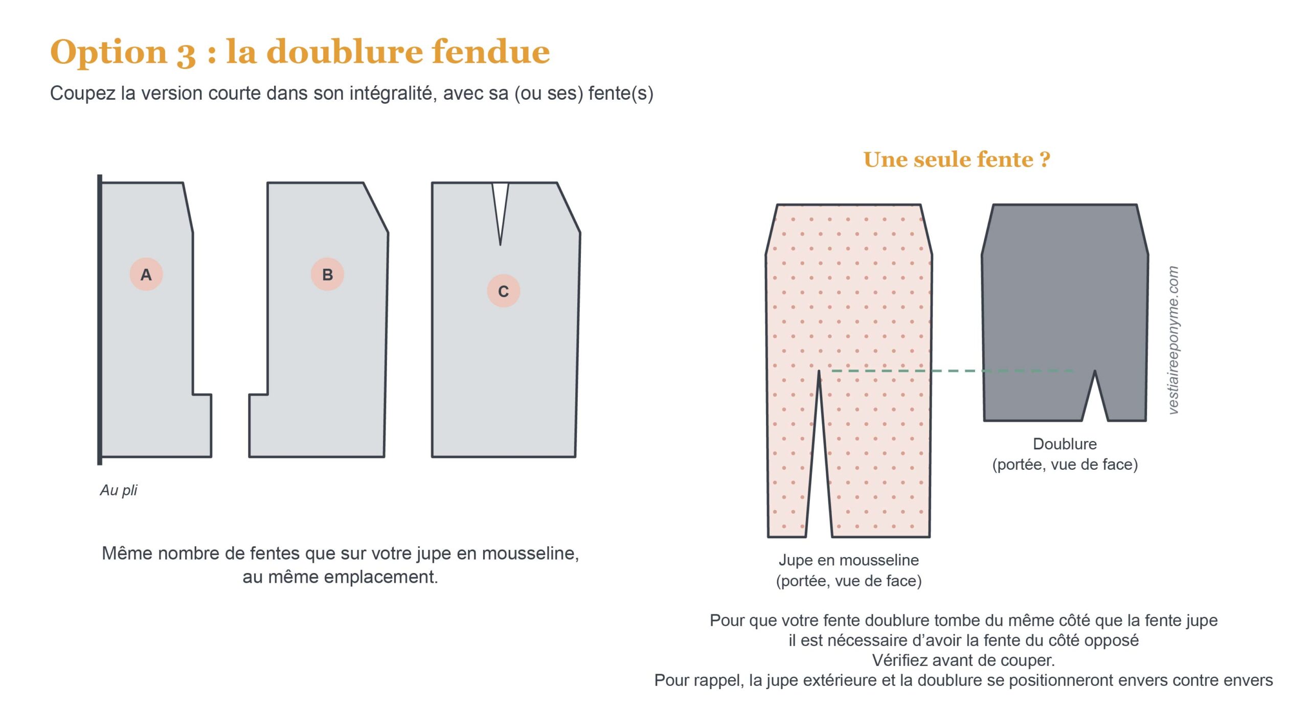  Patron jupe longue fendue : décaler le début de la fente vers le bas pour une jupe en mousseline doublée